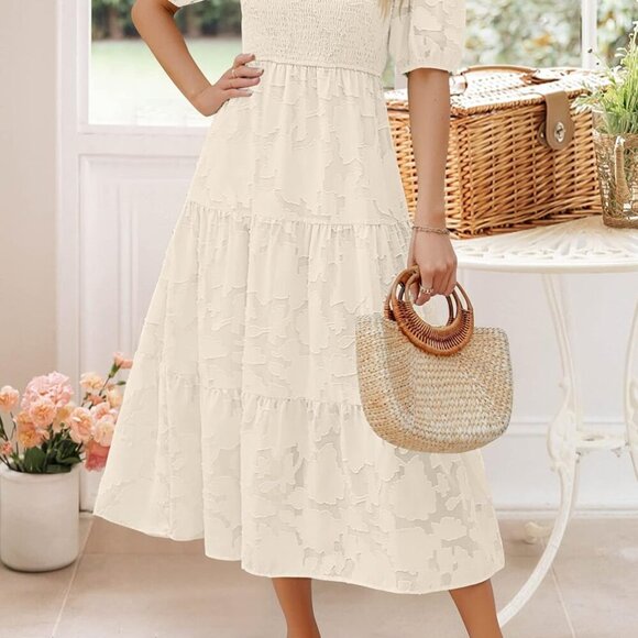 Women's 2025 Summer Short Puff Sleeve Crewneck Smocked Floral Lace Flowy A Line - Picture 7 of 7